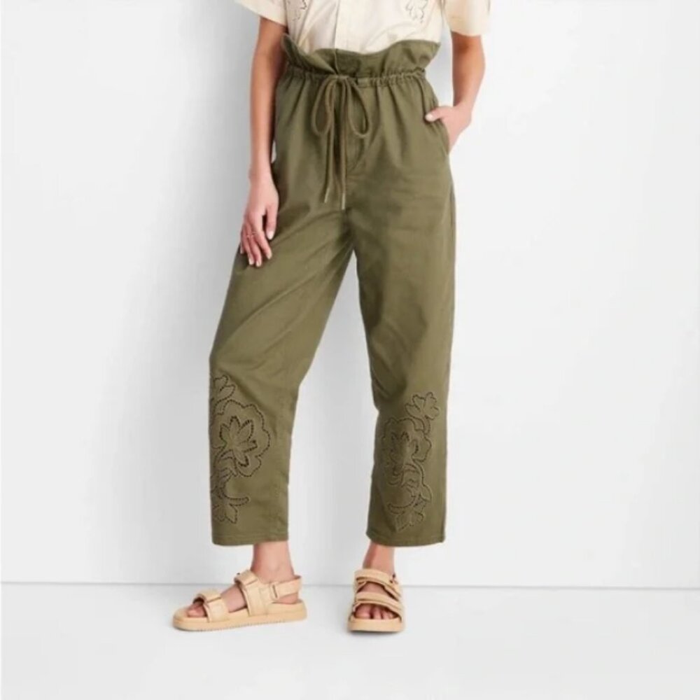 Women's High-Waisted Eyelet Pants - Future Collective™ Olive Green 2 - Picture 3 of 6